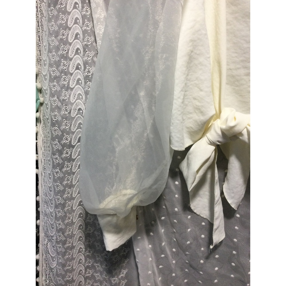 Forever 21 Ivory Tie Front Top Sheer Puff Sleeves Blouse Party Crop size M - Picture 6 of 8